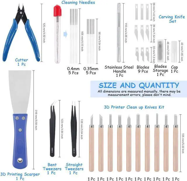 Alt view image 2 of 7 - Glarks 34Pieces 3D Printer Nozzle Cleaning Removal Tool Kit, Including 0.35mm 0.4mm Cleaning Needles, Wood Carving Tools Kit, Knife Clean Up Kit, Tweezers, Scraper, Wire Cutter