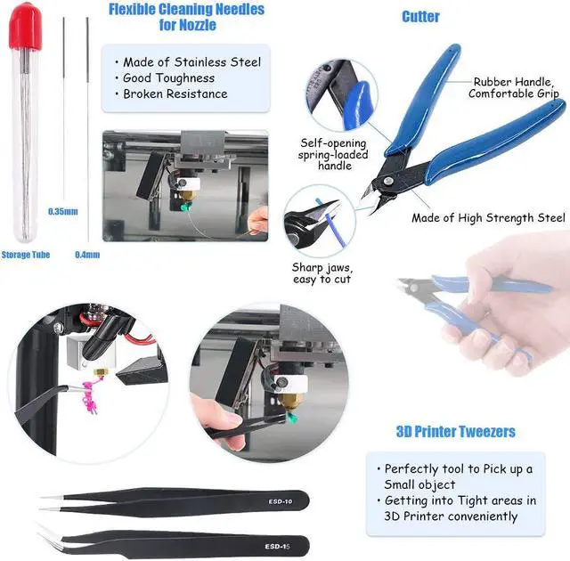 Alt view image 3 of 7 - Glarks 34Pieces 3D Printer Nozzle Cleaning Removal Tool Kit, Including 0.35mm 0.4mm Cleaning Needles, Wood Carving Tools Kit, Knife Clean Up Kit, Tweezers, Scraper, Wire Cutter