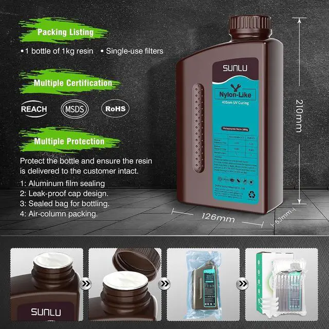 Alt view image 5 of 7 - SUNLU 3D Printer Resin, Strong Durable Nylon Like 3D Resin for LCD DLP SLA Resin 3D Printers, 395-405nm UV Light Curing 3D Printing Liquid Photopolymer Resin, Good for Functional Parts, 1000g, Black