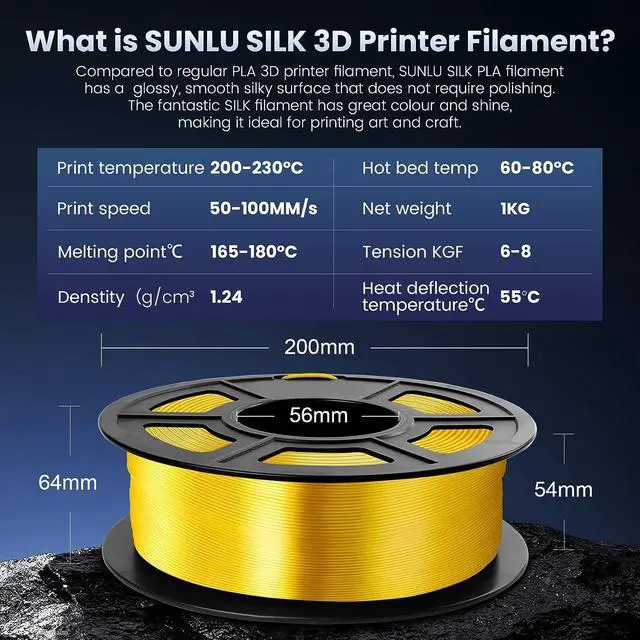 Alt view image 2 of 7 - SUNLU 3D Printer Silk Filament,Shiny Silk PLA Filament 1.75mm, Smooth Silky Surface, Great Easy to Print for 3D Printers, Dimensional Accuracy +/- 0.02mm, Silk Light Gold 1KG