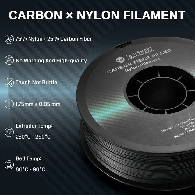 Alt view image 2 of 7 - SainSmart 1.75mm Black ePA-CF Carbon Fiber Filled Nylon Filament 1KG (2.2lbs) Spool for 3D Printer