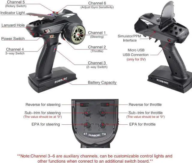 Alt view image 4 of 7 - DUMBORC X6 2.4GHz 6CH RC Radio Transmitter and Receiver X6FG(Built-in Gyro) with Fail-Safe & Low Voltage Alarm Function for Rc Vehicle Car Boat Tank Model Parts Remote Controller