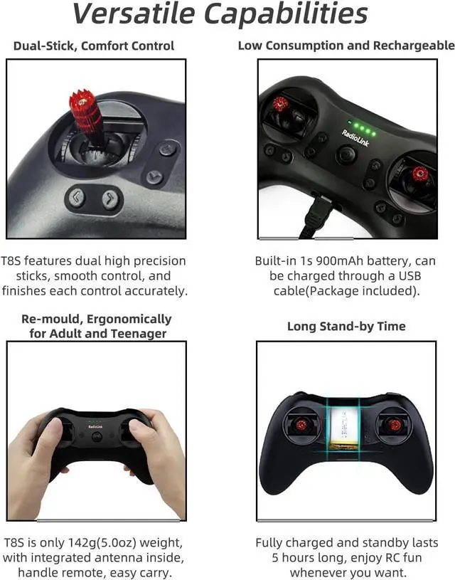 Alt view image 2 of 7 - Radiolink T8S 8 Channels 2.4GHz RC Transmitter and Receiver R8EF RX, Remote and Controller Built-in Rechargeable Battery for Quad/Airplane/Car/Boat and More (Mode 2 Left Hand)