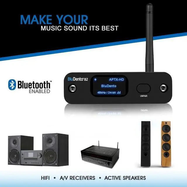 Alt view image 4 of 7 - BluDento B2 aptX HD Bluetooth 5.1 Audio Receiver, Built-in Burr Brown DAC for Analog L/R RCA Output, Enhanced Range, True Hi-Fi, Digital Coaxial & Optical Outputs