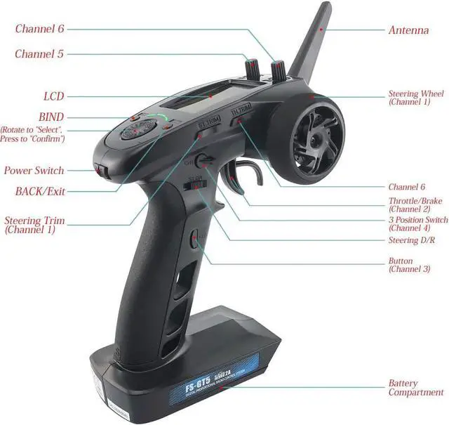 Alt view image 3 of 7 - Flysky FS-GT5 6 Channels RC Transmitter with FS-BS6 Gyro Receiver 2.4G RC Radio Controller 20 Models Storage for RC Buggy Crawler Car Boats Tank