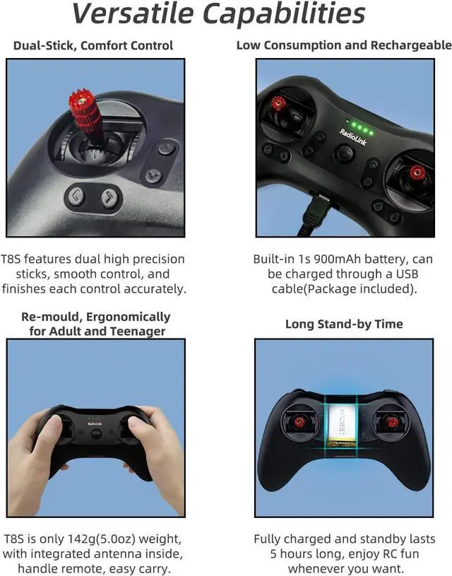 Alt view image 2 of 7 - Radiolink T8S 8 Channels 2.4G RC Transmitter and Receiver 8CH R8EF RX, Radio Remote Controller, Built-in Rechargeable 1S Battery for Quad Drone/Airplane/Car/Boat/Robot and More (Mode 2 Left Throttle)