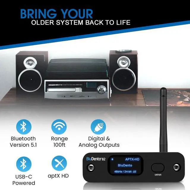 Alt view image 3 of 7 - BluDento B2 aptX HD Bluetooth 5.1 Audio Receiver, Built-in Burr Brown DAC for Analog L/R RCA Output, Enhanced Range, True Hi-Fi, Digital Coaxial & Optical Outputs