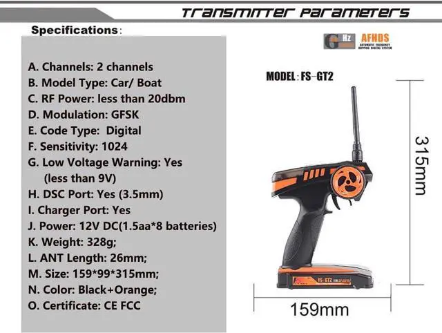 Alt view image 3 of 5 - Flysky FS-GT2 RC Transmitter with FS-GR3E Receiver, 2.4GHz 2 Channels Radio Controller and 3 Channels Receiver for RC Car Boat