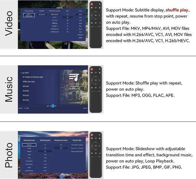 Alt view image 5 of 7 - 4K@30hz HDMI TV Media Player with HDMI/AV Output, Digital MP4 Player for 14TB HDD/ 512G USB Drive/SD Card/H.265 MP4, with Remote Control for MP3 AVI RMVB MPEG etc