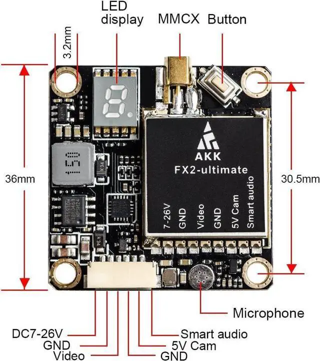 Alt view image 2 of 6 - AKK FX2-ultimate US Version 5.8GHz VTX with MMCX Support OSD Configuring via Betaflight Flight Control Board Long Range FPV Transmitter