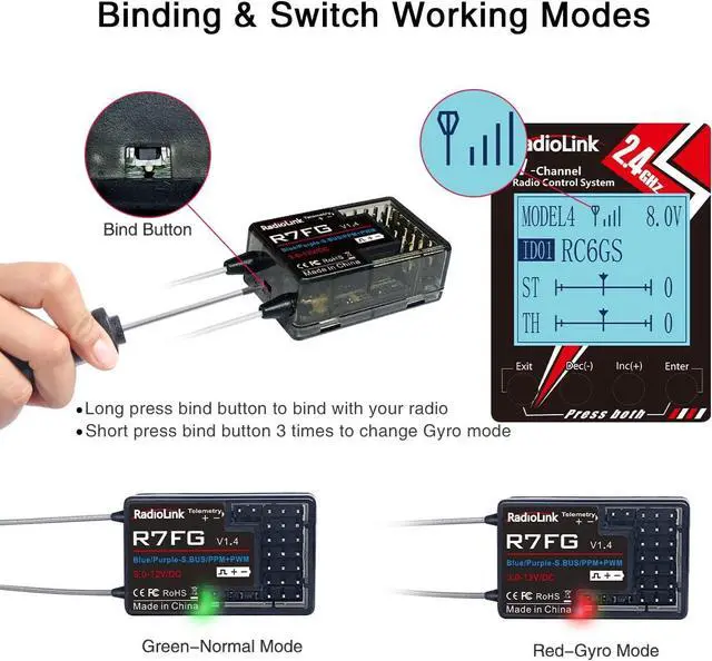 Alt view image 7 of 7 - Eighteenup Radiolink R7FG 7 Channel Gyro Receiver 2.4GHz Integrated Telemetry Long Range Control for RC Car Boat Compatible Radiolink Transmitter RC6GS V3/RC6GS V2/RC6GS/RC4GS V3/RC4GS V2/RC4GS(2 Pcs)