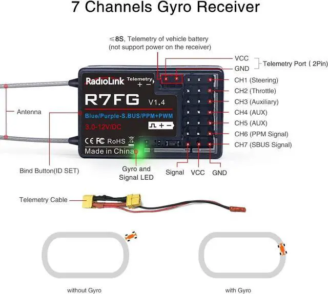 Alt view image 3 of 7 - Eighteenup Radiolink R7FG 7 Channel Gyro Receiver 2.4GHz Integrated Telemetry Long Range Control for RC Car Boat Compatible Radiolink Transmitter RC6GS V3/RC6GS V2/RC6GS/RC4GS V3/RC4GS V2/RC4GS(2 Pcs)