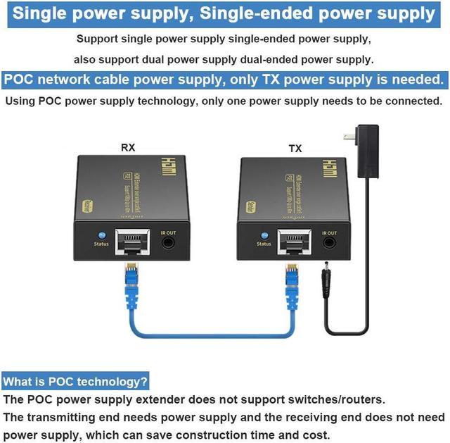 HDMI Extender Over Cat5e/6 1080P, HDMI Over Ethernet Extender 196ft/60m,  HDMI Balun Using Single Power Supply POC Technology