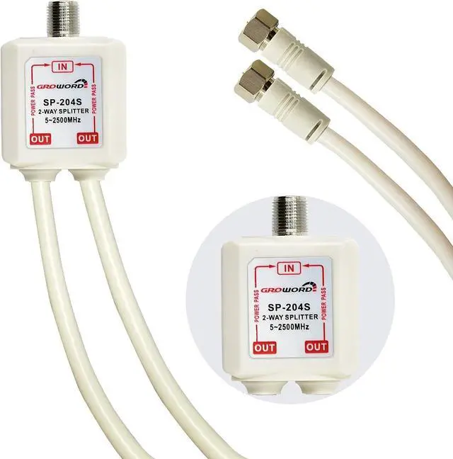 Main image of GROWORD Satellite Splitter 5-2500MHz, 2-Way CATV Splitter with RG6 Coaxial Cable and 2 Connectors, for Pass Power to LNB, Improve HD TV Satellite Antenna Signal Quality, Corrosion Resistant