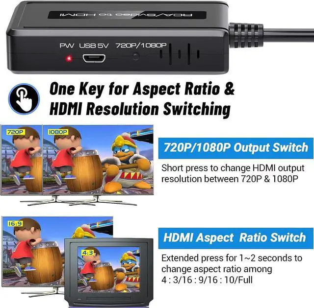 Alt view image 2 of 7 - RCA Svideo to HDMI Converter Support 4 : 3/16 : 9 Aspect Ratio Switch 720P/1080P HDMI Output Switch S-video AV RCA to HDMI converter for VHS/DVD/Wii/PS1/PS2/N64/NGC to Display on HDMI Screen