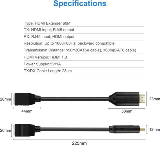 Alt view image 3 of 7 - HDMI Extender Over Cat5e/6 HDMI to RJ45 Extender Ethernet Network Converter Cable Repeater 1080P up to 60m HD MI Transmitter and Receiver for HDTV STB