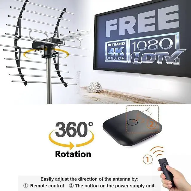 Alt view image 2 of 7 - Digital HD TV Antenna, Amplified Attic/Outdoor Antenna, 360 Degree Rotation Wireless Remote, 4K 1080P VHF UHF, Mounting Pole Included, 200 Miles Range