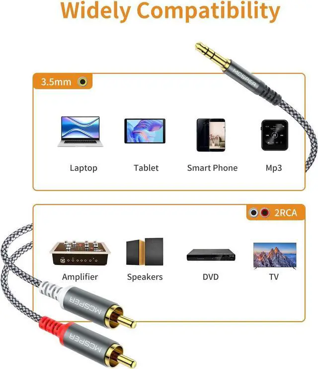 Alt view image 6 of 6 - RCA to 3.5mm AUX Cable (6.6 Feet) 3.5 mm 1/8 to RCA 2-Male Headphone Jack Adapter Splitter Premium Stereo Audio Cord for Connects a Smartphone Tablet HDTV