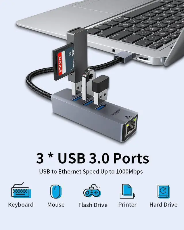 Alt view image 4 of 7 - USB to Ethernet Adapter, 4-in-1 USB LAN Ethernet hub for Laptop, USB3.0 to RJ45 Hub with 3*USB 3.0, Gigabit 1000Mbps, Compatible for MacBook, Surface Pro, Windows11/10/8/7, XP, Chromebook and More