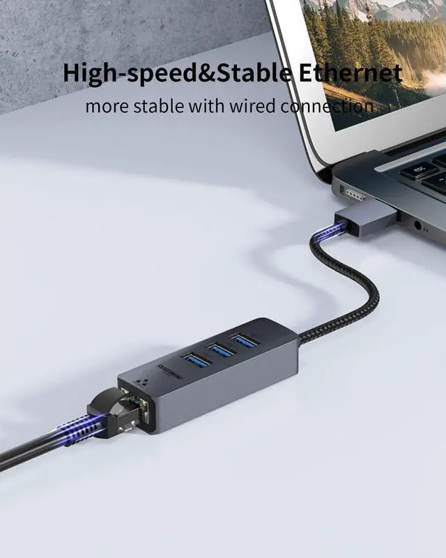 Alt view image 6 of 7 - USB to Ethernet Adapter, 4-in-1 USB LAN Ethernet hub for Laptop, USB3.0 to RJ45 Hub with 3*USB 3.0, Gigabit 1000Mbps, Compatible for MacBook, Surface Pro, Windows11/10/8/7, XP, Chromebook and More