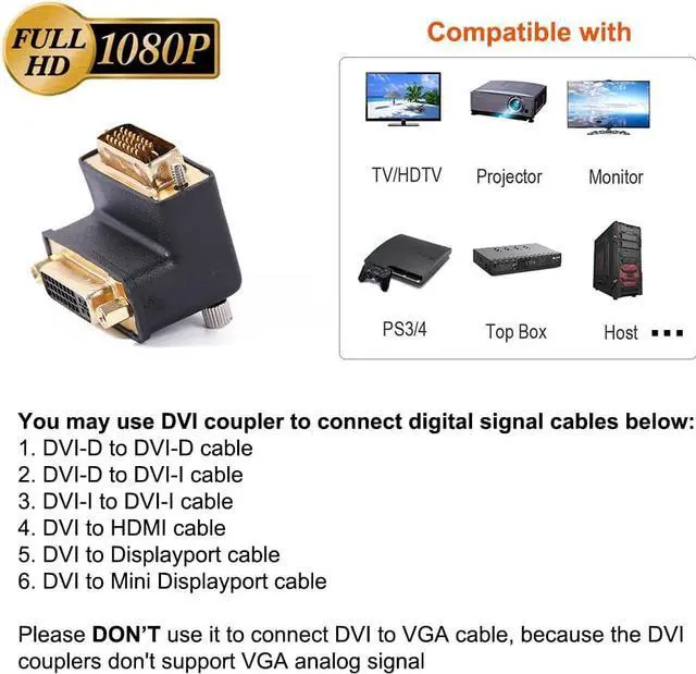 Alt view image 5 of 6 - DTECH DVI Adapter 90 Degree DVI-I Female to DVI-D Male Right Angle Connector Converter Installed in Little Space 1080P Digital Video for Computer Monitor PC Older Projector TV