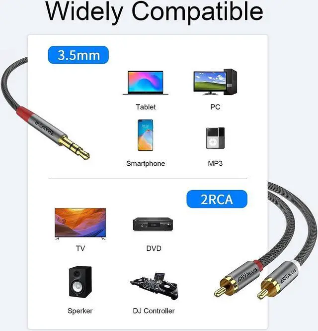 Alt view image 6 of 7 - 2RCA to 3.5mm 1M 1/8 to RCA 2-Male Headphone Jack Fish Wire Braid Y Splitter RCA Auxiliary Cord for Smartphone Tablet HDTV or MP3 Player Speaker