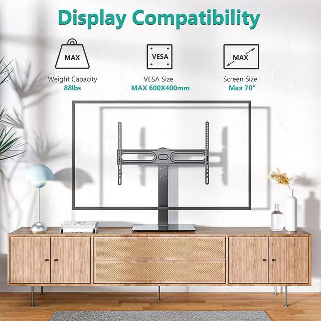Alt view image 3 of 7 - WALI Universal TV Stand, Table Top TV Stand for 37 to 70 inch LCD LED TVs, 9 Level Height Adjustable TV Mount with Tempered Glass Base, Holds up to 88lbs, Max Mounting Holes 600x400mm (TVDVD-5), Black