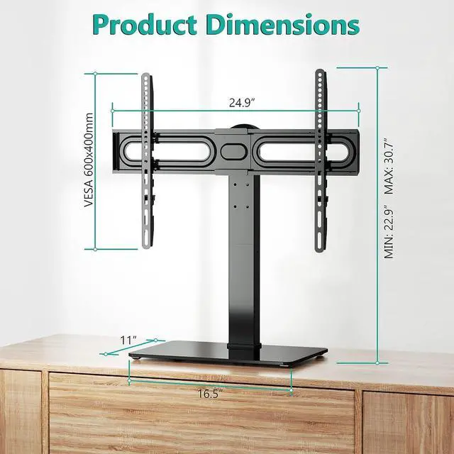 Alt view image 4 of 7 - WALI Universal TV Stand, Table Top TV Stand for 37 to 70 inch LCD LED TVs, 9 Level Height Adjustable TV Mount with Tempered Glass Base, Holds up to 88lbs, Max Mounting Holes 600x400mm (TVDVD-5), Black