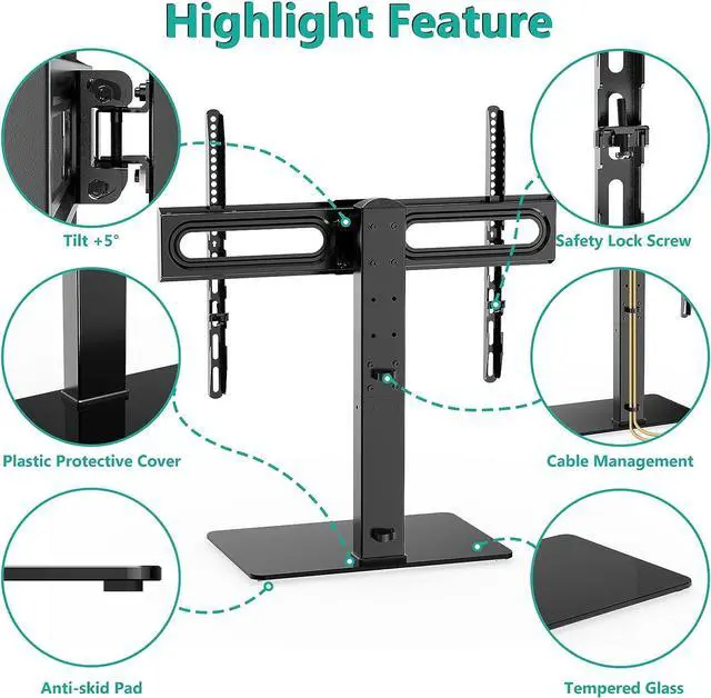 Alt view image 5 of 7 - WALI Universal TV Stand, Table Top TV Stand for 37 to 70 inch LCD LED TVs, 9 Level Height Adjustable TV Mount with Tempered Glass Base, Holds up to 88lbs, Max Mounting Holes 600x400mm (TVDVD-5), Black