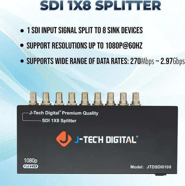 Alt view image 4 of 7 - J-Tech Digital Premium Quality SDI Splitter 1x8 Supports SD-SDI, HD-SDI, 3G-SDI up to 1320 Ft (1 Input and 8 outputs)
