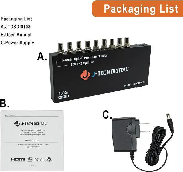 Alt view image 7 of 7 - J-Tech Digital Premium Quality SDI Splitter 1x8 Supports SD-SDI, HD-SDI, 3G-SDI up to 1320 Ft (1 Input and 8 outputs)