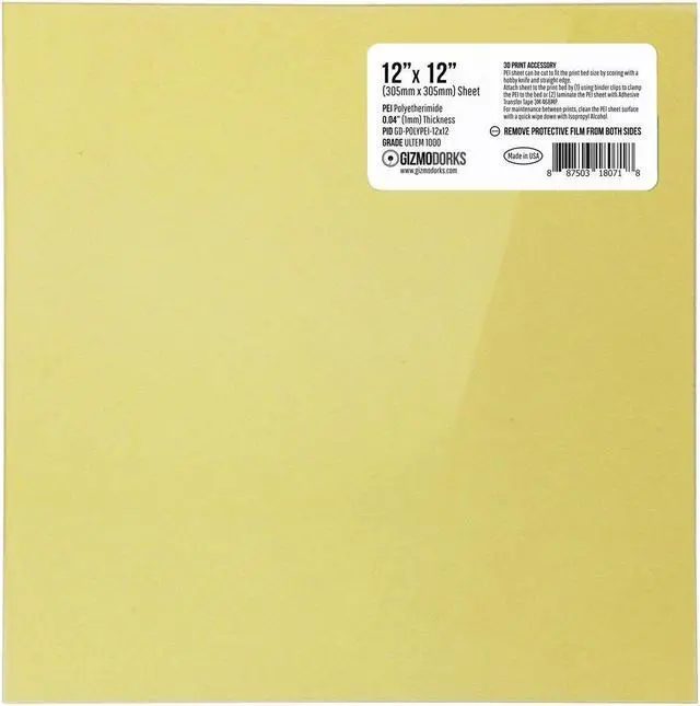 Main image of Gizmo Dorks PEI Sheet 12" x 12" (305mm x 305mm) 1mm Thick 3D Printer Build Surface Ultem 1000, Made in The USA