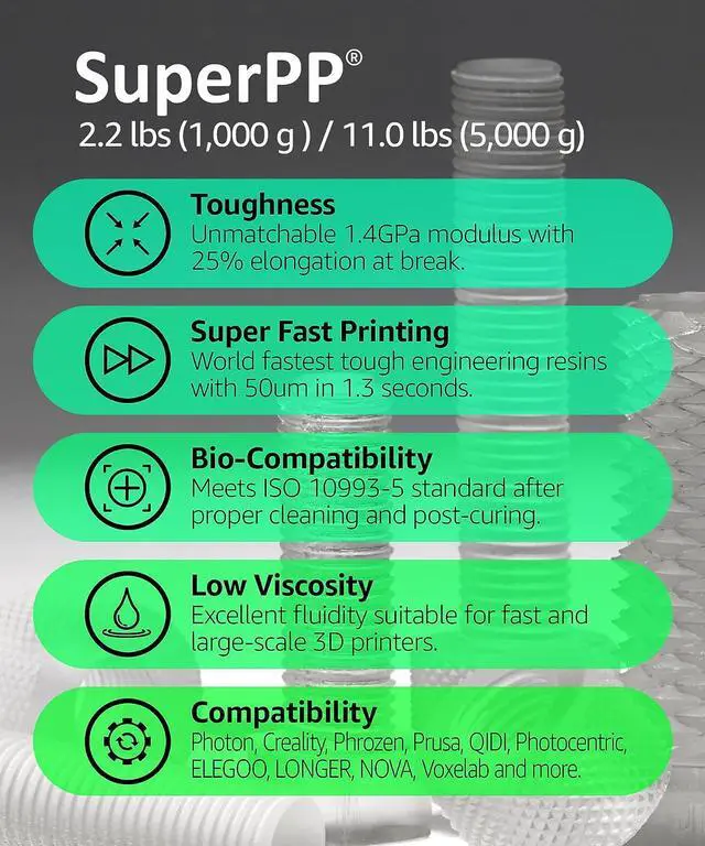 Alt view image 2 of 7 - SuperPP Tough 3D Printer Resin Fastest 1.4GPa 50um Print in 1.3 secs, Made in Korea by 3DMaterials (1000g, Clear)