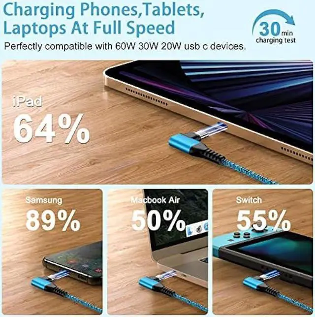 Alt view image 3 of 7 - Android Phone Power Cord Samsung Charger Cable USB Type C to C 60W 3 Pack 6ft 90 Degree Fast Charging for Samsung Galaxy A54 A14 5G A13 A24 A23 S23 S22 A34 S21 FE A53 A03s Z Fold 4 Flip 4 S20 S10 S9
