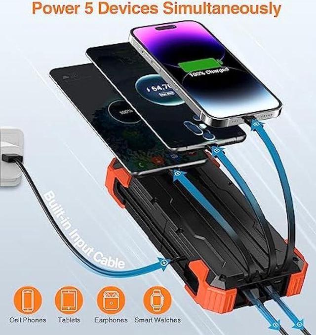 GOODaaa Power Bank Solar Charger 42800mAh Built in 4 Cables and Thermometer  15W Fast Charging Power Bank Five Outputs Three Inputs Solar Charger Power  Bank, SOS/Strobe/Strong Flashlights, Carabiner 