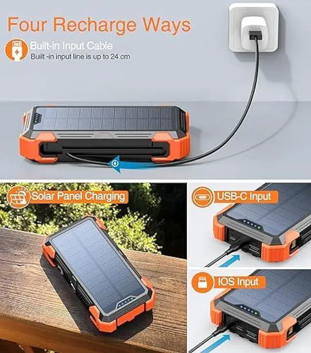 Alt view image 4 of 6 - GOODaaa Power Bank Solar Charger 42800mAh Built in 4 Cables and Thermometer 15W Fast Charging Power Bank Five Outputs Three Inputs Solar Charger Power Bank, SOS/Strobe/Strong Flashlights, Carabiner