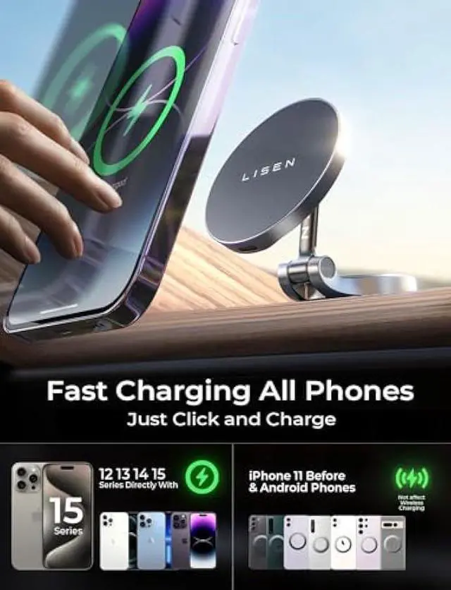 Alt view image 6 of 6 - LISEN for Magsafe Car Mount Charger [Fastest Charging Speed] 15W Fast Charging Wireless Car Charger iPhone Car Mount, Phone Holder Mount for Car Dashboard for iPhone 15 Pro Max Plus 14 13 12 Mini