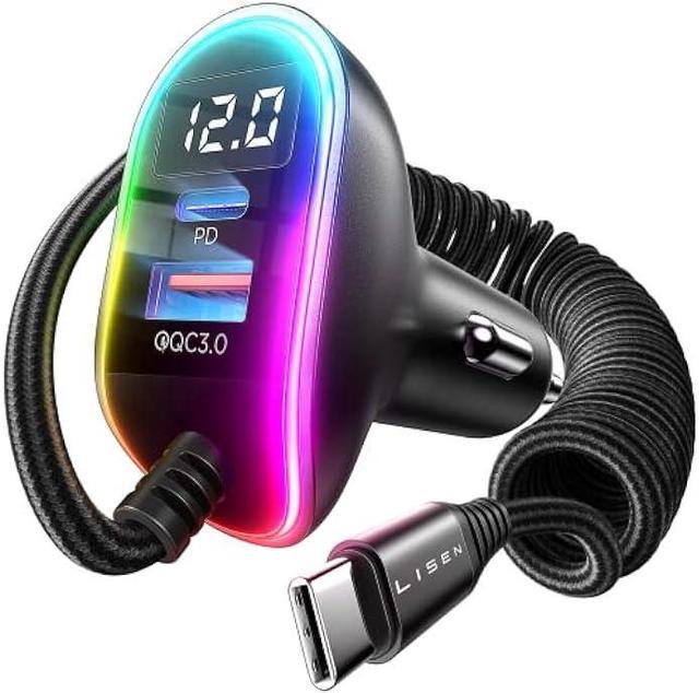 LISEN 96W Car Charger USB C 3-Port for iPhone 15, PD3.0 & QC3.0 with 5.3ft  Type C Coiled Cable,Fast Car Charger Adapter for iPhone  15/Pro/Plus/Max/Samsung S23/Google Pixel 7/6/Android, iPad Pro 
