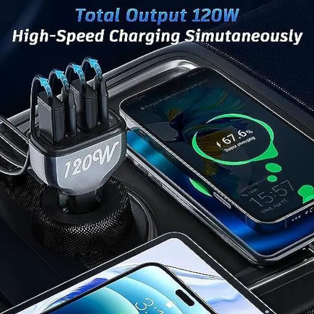 Alt view image 2 of 7 - 120W USB C Car Charger, SONRU 4 Ports Cigarette Lighter USB Car Charger Adapter, [2 PD 60W+2 QC3.0 30W] Fast Charging for iPhone 14 Pro Max Galaxy S23/22 Google Pixel LG iPad Air