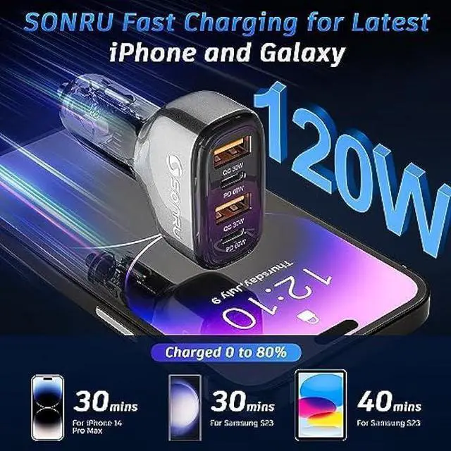 Alt view image 3 of 7 - 120W USB C Car Charger, SONRU 4 Ports Cigarette Lighter USB Car Charger Adapter, [2 PD 60W+2 QC3.0 30W] Fast Charging for iPhone 14 Pro Max Galaxy S23/22 Google Pixel LG iPad Air