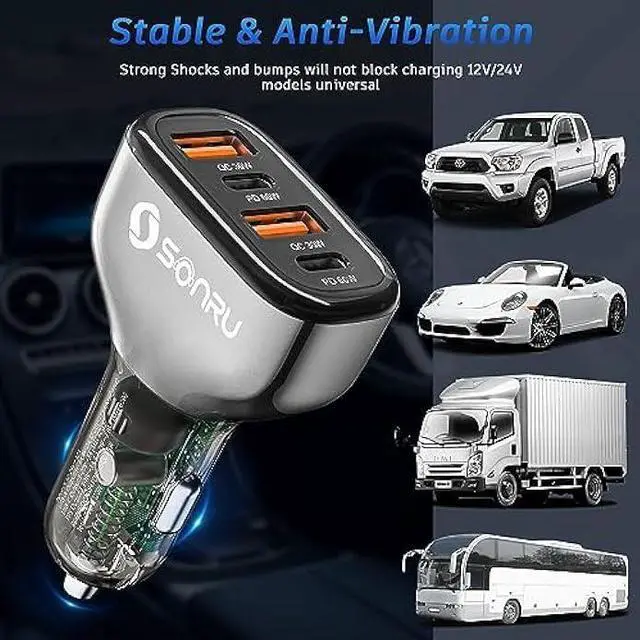 Alt view image 5 of 7 - 120W USB C Car Charger, SONRU 4 Ports Cigarette Lighter USB Car Charger Adapter, [2 PD 60W+2 QC3.0 30W] Fast Charging for iPhone 14 Pro Max Galaxy S23/22 Google Pixel LG iPad Air