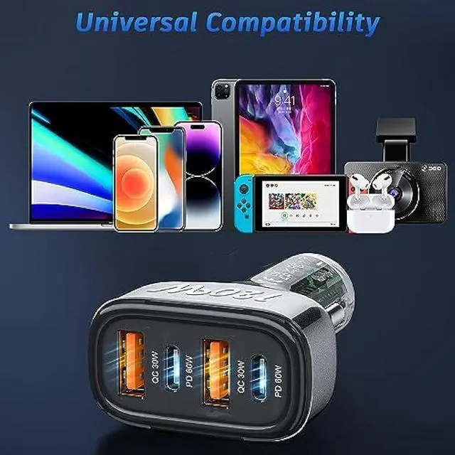 Alt view image 7 of 7 - 120W USB C Car Charger, SONRU 4 Ports Cigarette Lighter USB Car Charger Adapter, [2 PD 60W+2 QC3.0 30W] Fast Charging for iPhone 14 Pro Max Galaxy S23/22 Google Pixel LG iPad Air