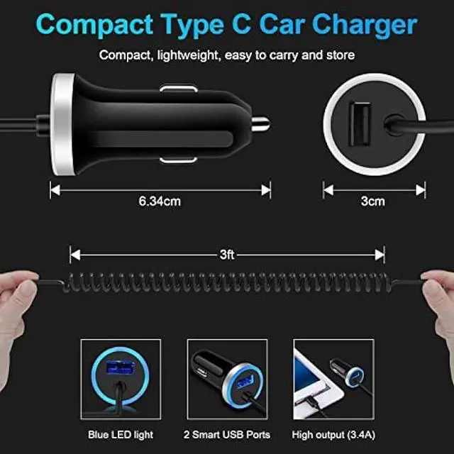 Alt view image 5 of 7 - USB C Car Charger, 3.4A Fast Car Charging Lighter Adapter+3ft Type C Coiled Cable for Samsung Galaxy S23 S23+ S23 Ultra A54 A14 A32 A13 A53 S22 S21 S20 S10 A02S A03S A12,LG Stylo 6 5 4,Pixel 7 6 5 4a