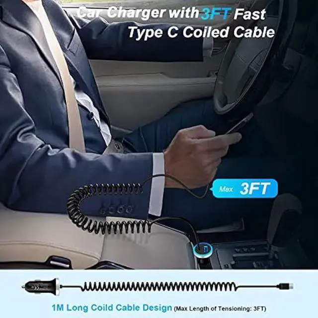 Alt view image 6 of 7 - USB C Car Charger, 3.4A Fast Car Charging Lighter Adapter+3ft Type C Coiled Cable for Samsung Galaxy S23 S23+ S23 Ultra A54 A14 A32 A13 A53 S22 S21 S20 S10 A02S A03S A12,LG Stylo 6 5 4,Pixel 7 6 5 4a