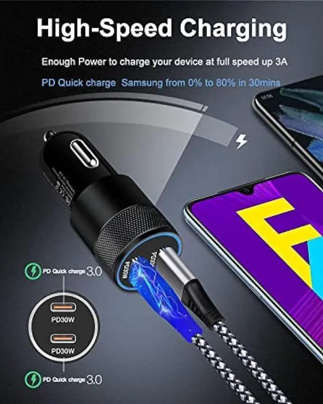 Alt view image 2 of 7 - USB C Car Charger, 60W Cigarette Lighter Flush Adapter, Type C Fast Charging Car Plug Block for iPhone 15 14 13 Pro Max, Samsung Galaxy S21 Ultra, Pixel 7 6 Pro,3A Xl, LG Stylo, Automobile USB PD Port