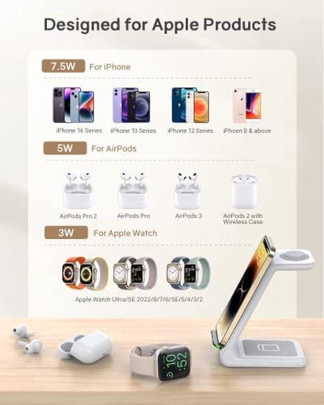 Alt view image 2 of 6 - Wireless Charging Station for Apple - 3 in 1 Wireless Charger Stand Dock Watch and Phone Charger Station for Apple Watch 8/7/SE/6/5/4/3/2, iPhone 15 14 13 12 Pro Max SE XS X, Samsung, AirPods Pro/3/2