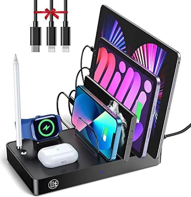 LK Charging Station for Multiple Devices,40W 4 Ports Charging Station  Organizer with 3 Cables,7 in 1 Charge Multi Device Apple Charging Stations  for iPad iWatch AirPods Tablets and Other Electronics 