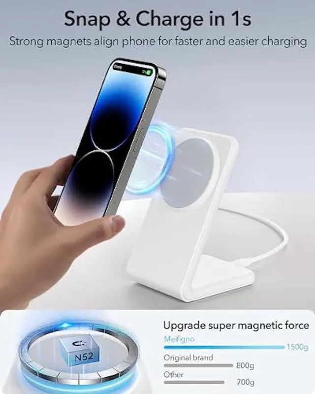 Alt view image 4 of 6 - 2 Pack Meifigno Magnetic Wireless Charger for iPhone 15/14/13/12 Series, AirPods 3/2/Pro, Fast Charging with PD 20W USB-C Adapter x2, MagSafe Charger Stand for iPhone 15 14 13 Pro Max Plus Mini, White