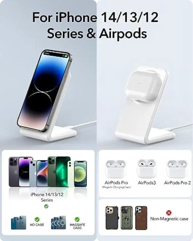 Alt view image 6 of 6 - 2 Pack Meifigno Magnetic Wireless Charger for iPhone 15/14/13/12 Series, AirPods 3/2/Pro, Fast Charging with PD 20W USB-C Adapter x2, MagSafe Charger Stand for iPhone 15 14 13 Pro Max Plus Mini, White