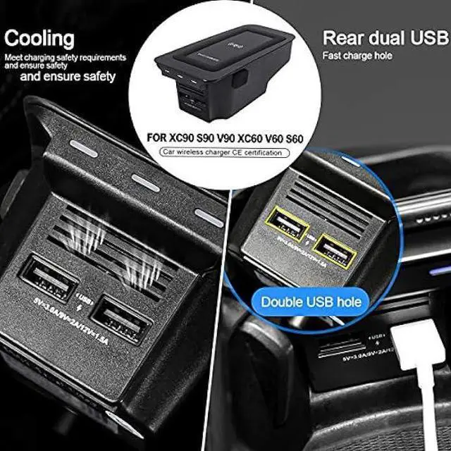Alt view image 3 of 6 - Wireless Phone Charging Plate, Vehicle Inner Central Box Charger Accessory with 2 USB Ports, Compatible with Volvo XC90 XC60 S90 S60 V90 V60, Plug & Play Easy Installation (Classic Style)